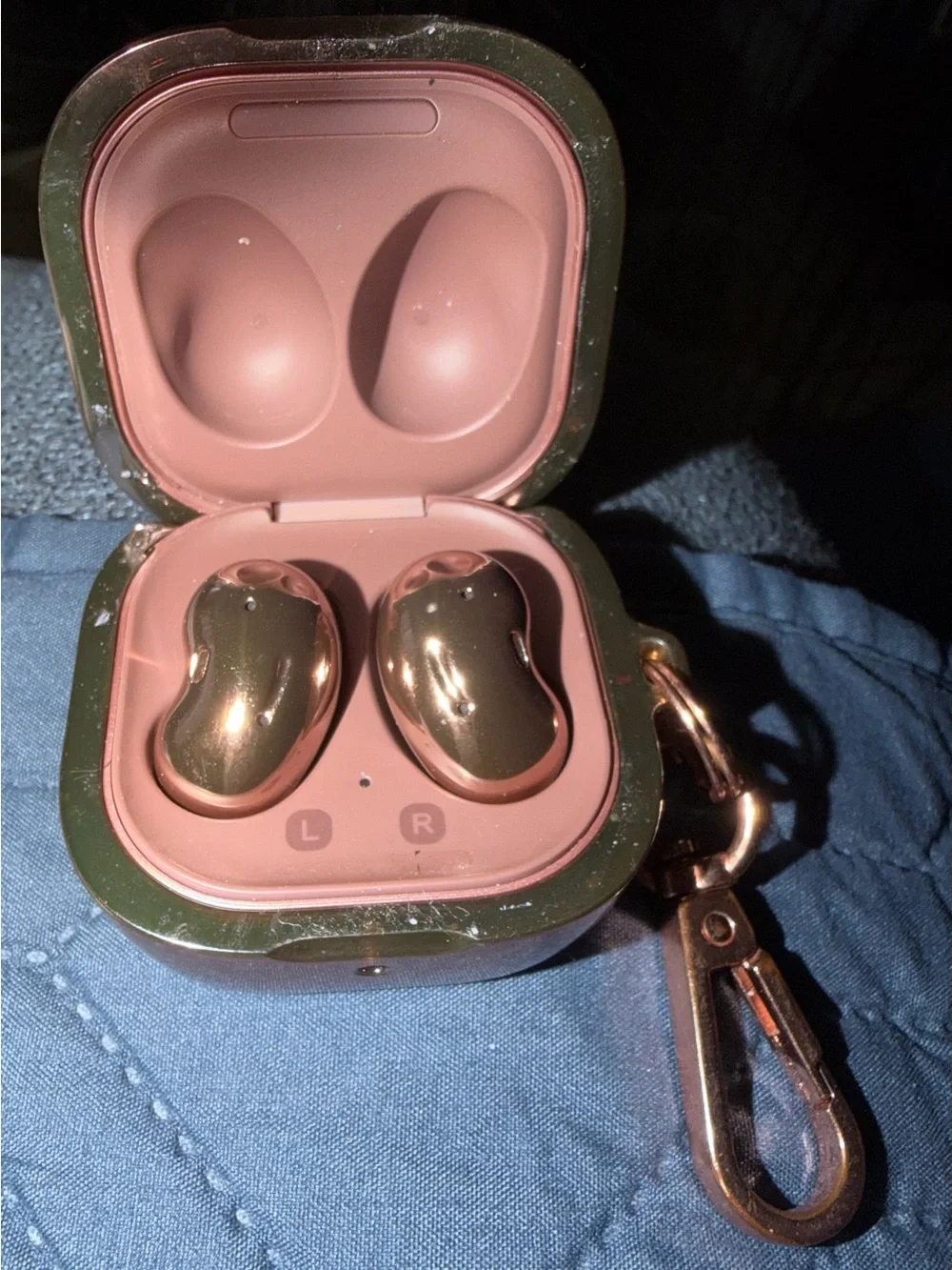 Samsung Earbuds with Charging Case in Rose Copper and Carrying case included.